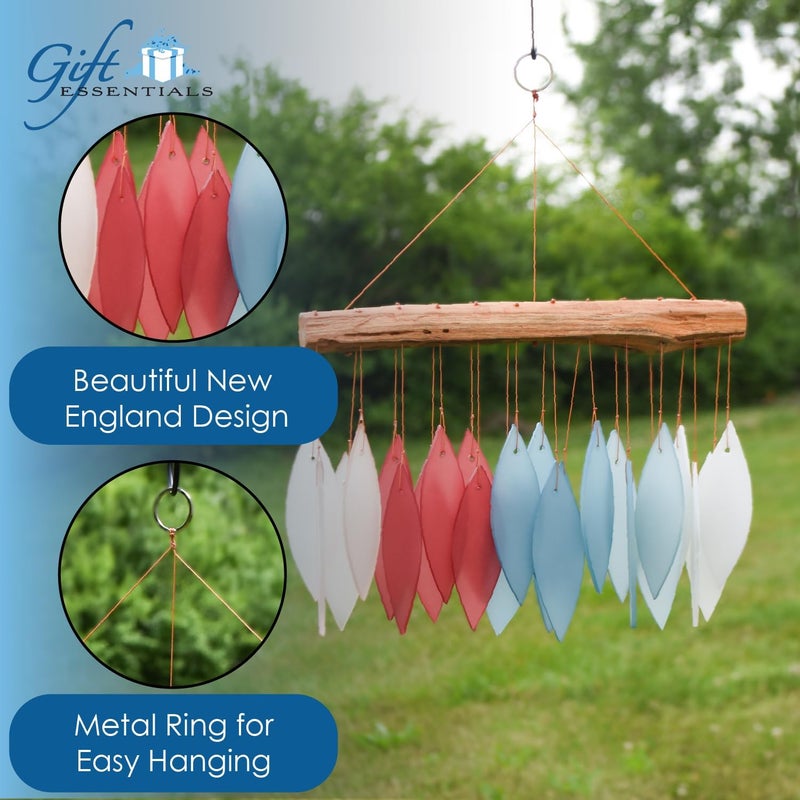 Gift Essentials Blue Handworks New England Harbor Glass Chime, Sandblasted Glass and Found Wood Handcrafted Wind Chime - Image 4